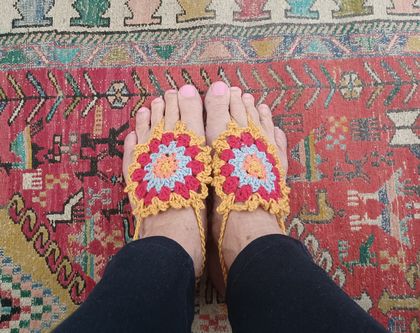 Barefoot Sandals. Crocheted. Mandala. Mustard yellow, dusky blue, red, pastel orange. Cotton blend. Handmade.